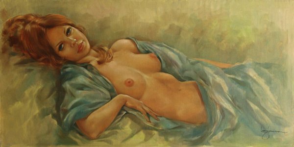 Painting Leo Jansen Nude Redhead: Unframed oil on canvas, Reclining Nude Redhead, by Leo Jansen (Californian, 1930-1980), signed lower right and verso, stamped verso, certificate of authenticity affixed verso, overall: 18''h x 36''w.