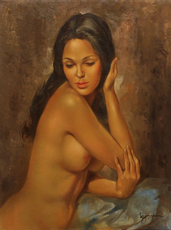 Painting Leo Jansen Nude Brunette Seated: Unframed oil on canvas, Seated Nude Brunette, by Leo Jansen (Californian, 1930-1980), signed lower right and verso, stamped verso, overall: 24''h x 18''w.
