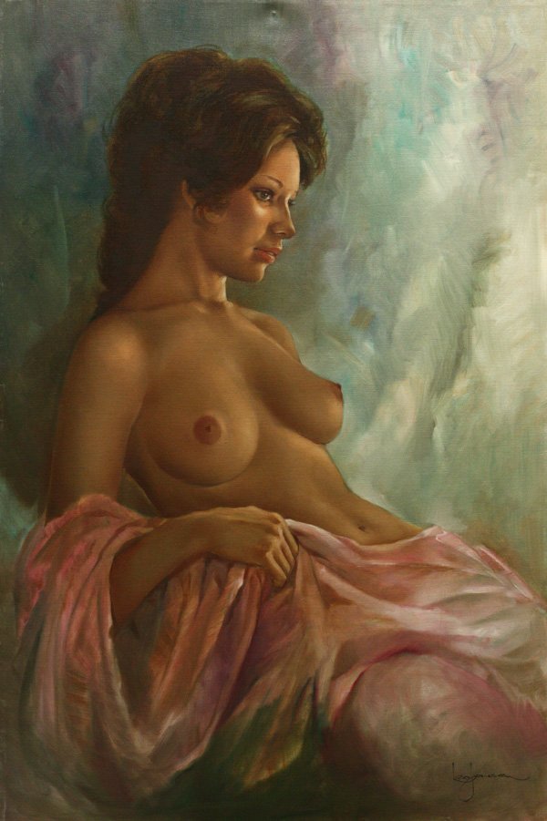 Painting Leo Jansen Nude Brunette: Unframed oil on canvas, Nude Brunette Looking into the Distance, by Leo Jansen (Californian, 1930-1980), signed lower right and verso, stamped verso, certificate of authenticity affixed verso, overall
