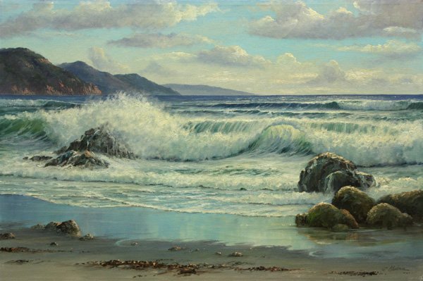 Painting Seascape William Henry Blackman: Unframed painting, Seascape, by William Henry Blackman (Californian, b. 1930), signed ''Wm. Blackman'' lower right, stamped and bears artist label verso, overall: 24''h x 36''w.