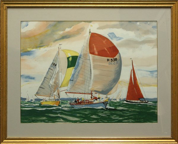 Lithograph Eric Isenbeurger New York Regatta: Framed lithograph, ''New York Regatta,'' by Eric Isenburger (American, 1902-1994), signed and titled lower right, overall: 25''h x 31''w.