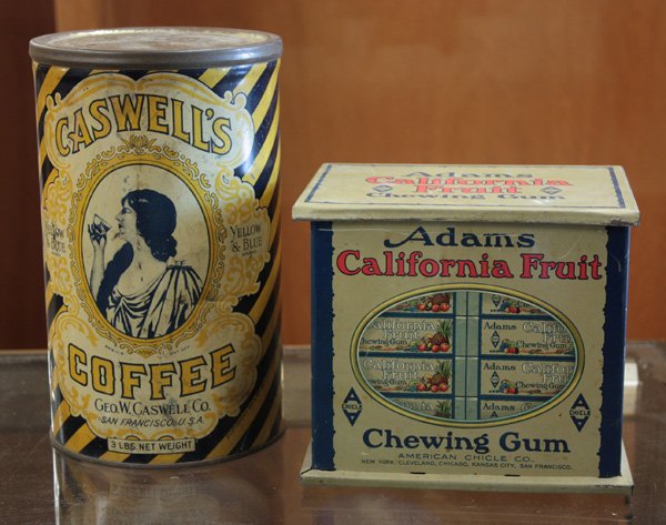 Vintage San Francisco tins: (lot of 2) Vintage San Francisco tins including an Adams California Fruit Chewing Gum tin box, together with a Caswell's Coffee canister, the larger 9''h