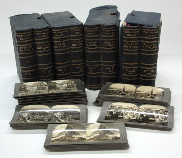 Keystone View Company stereoscopic view pictures: Large collection of Keystone View Company stereoscopic view pictures from the ''Tour of the World'' series, approximately 400 cards, most in four double book-form volumes, (boxes worn and having losse
