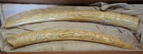 carved antique African ivory tusks: Pair of carved antique African ivory tusks, with scenes that include lions, elephants, antelope, birds and a man, 23''l,