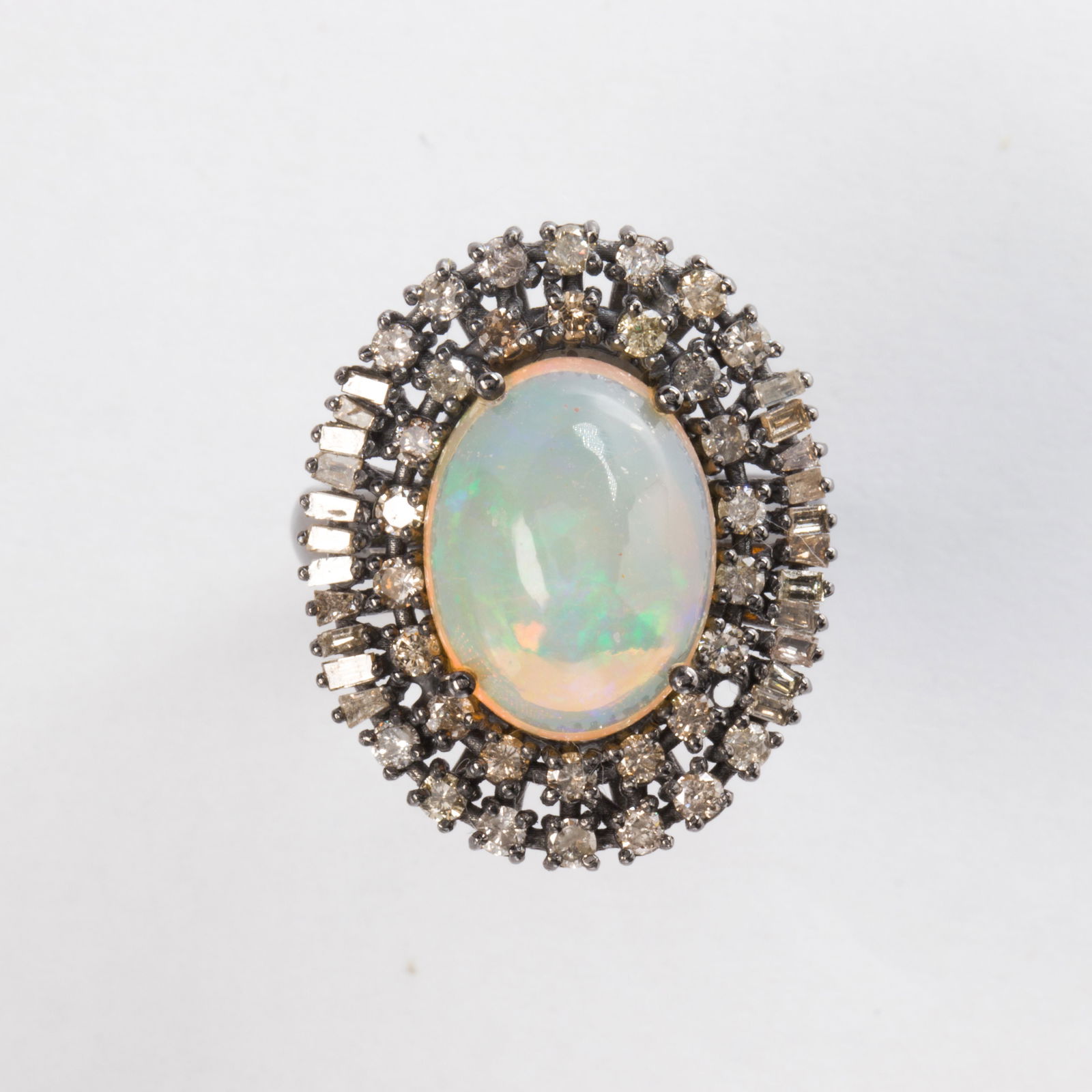 An opal, diamond and blackened sterling silver ring (1 of 1)
