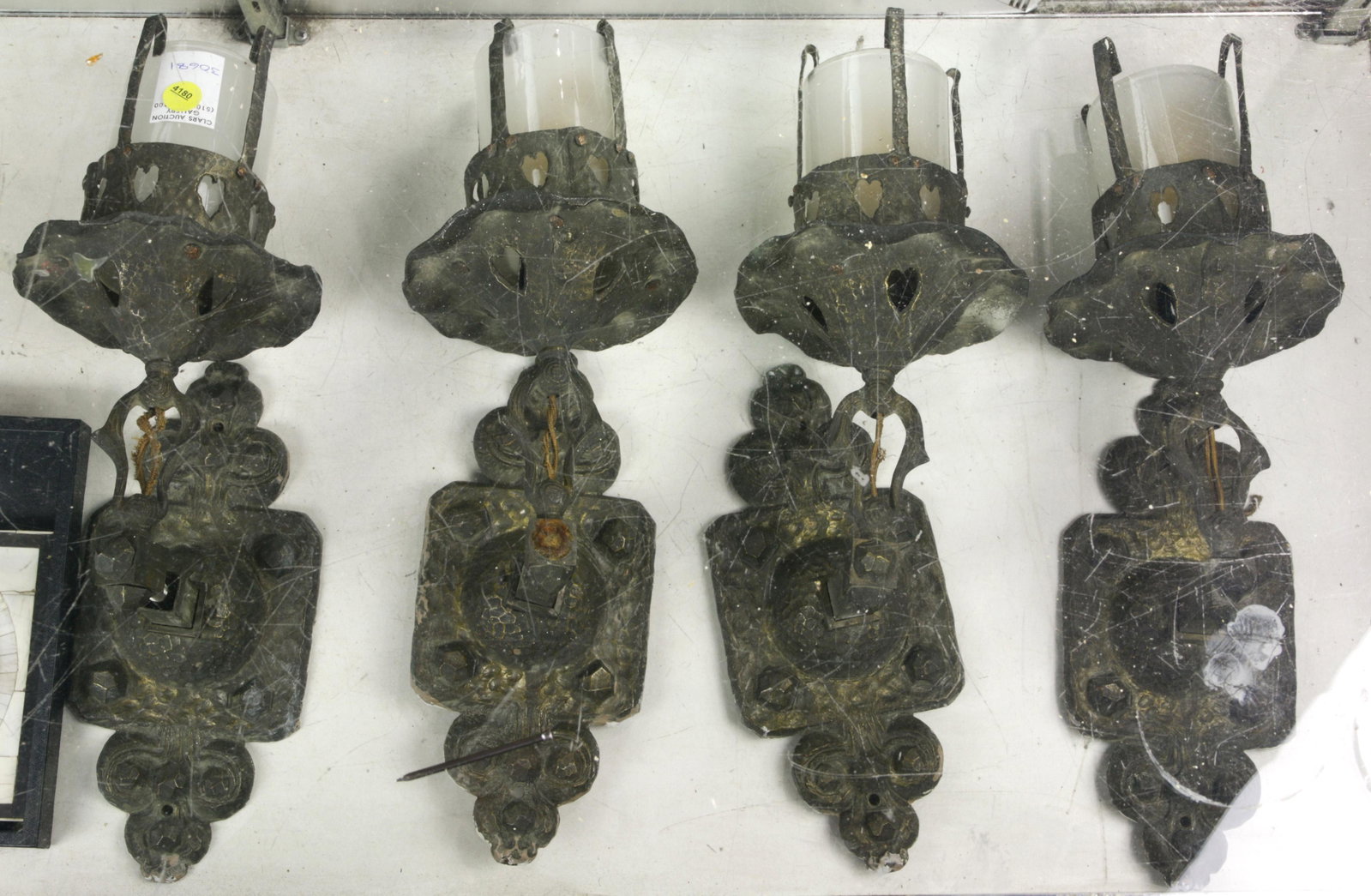 (lot of 4) Arts and Crafts style hammered light: (lot of 4) Arts and Crafts style hammered light fixtures, each ahving frosted glass shades, 16"h