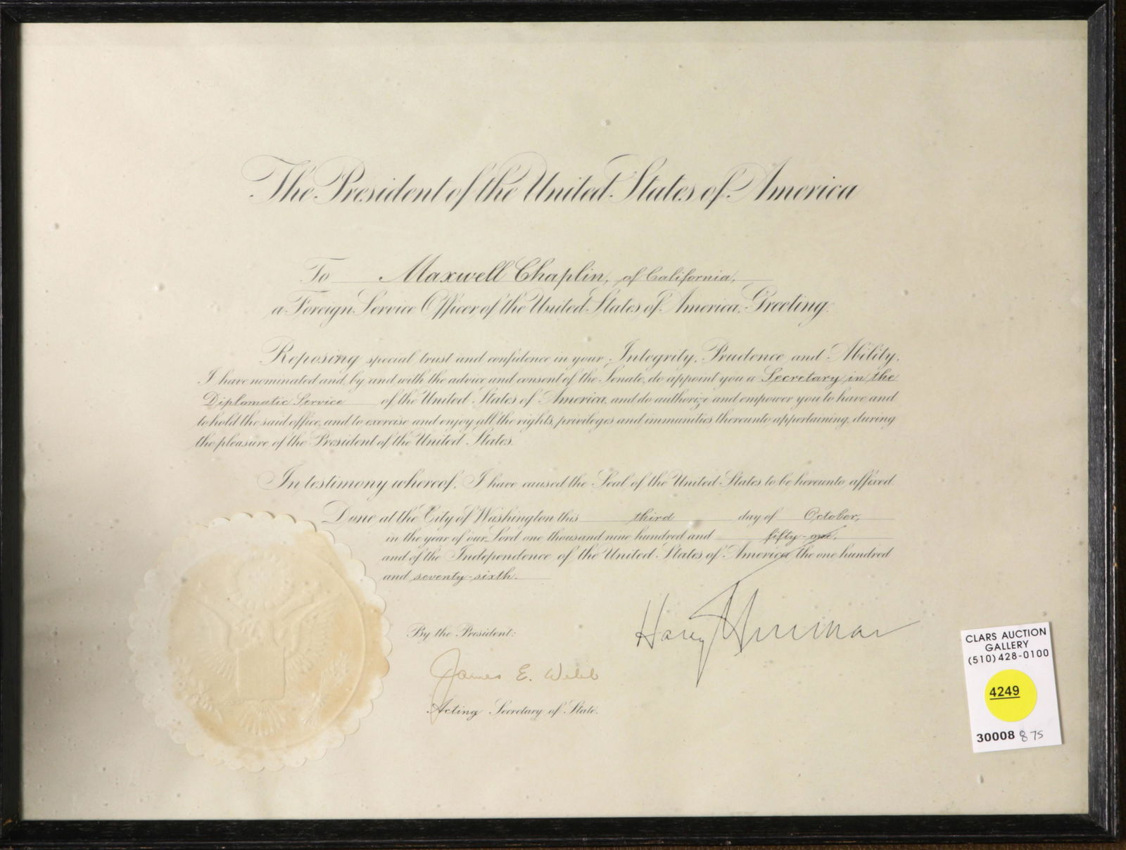 A United States Presidential Document presented to (1 of 1)