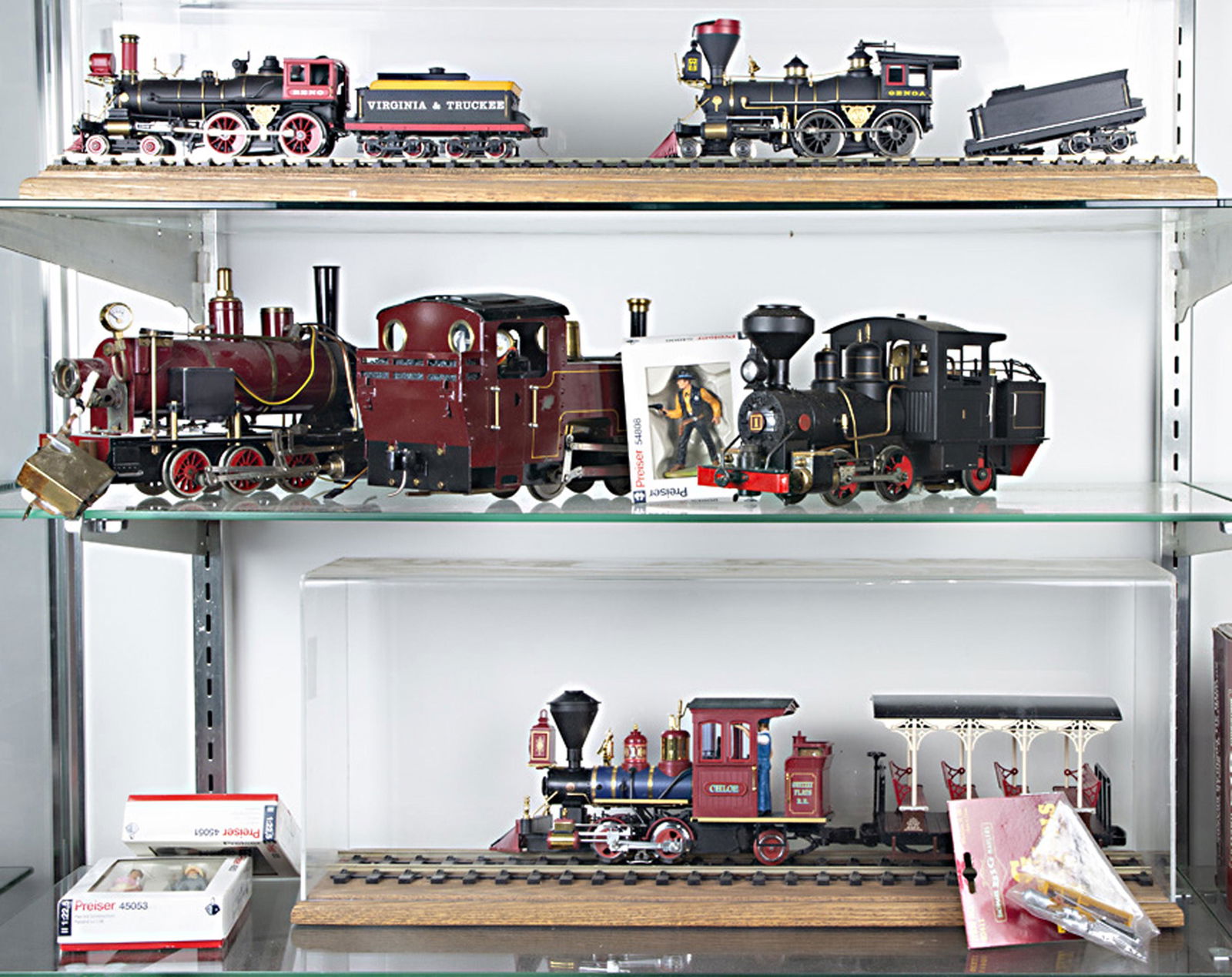 Three shelves of LGB steam engines and cars (1 of 1)