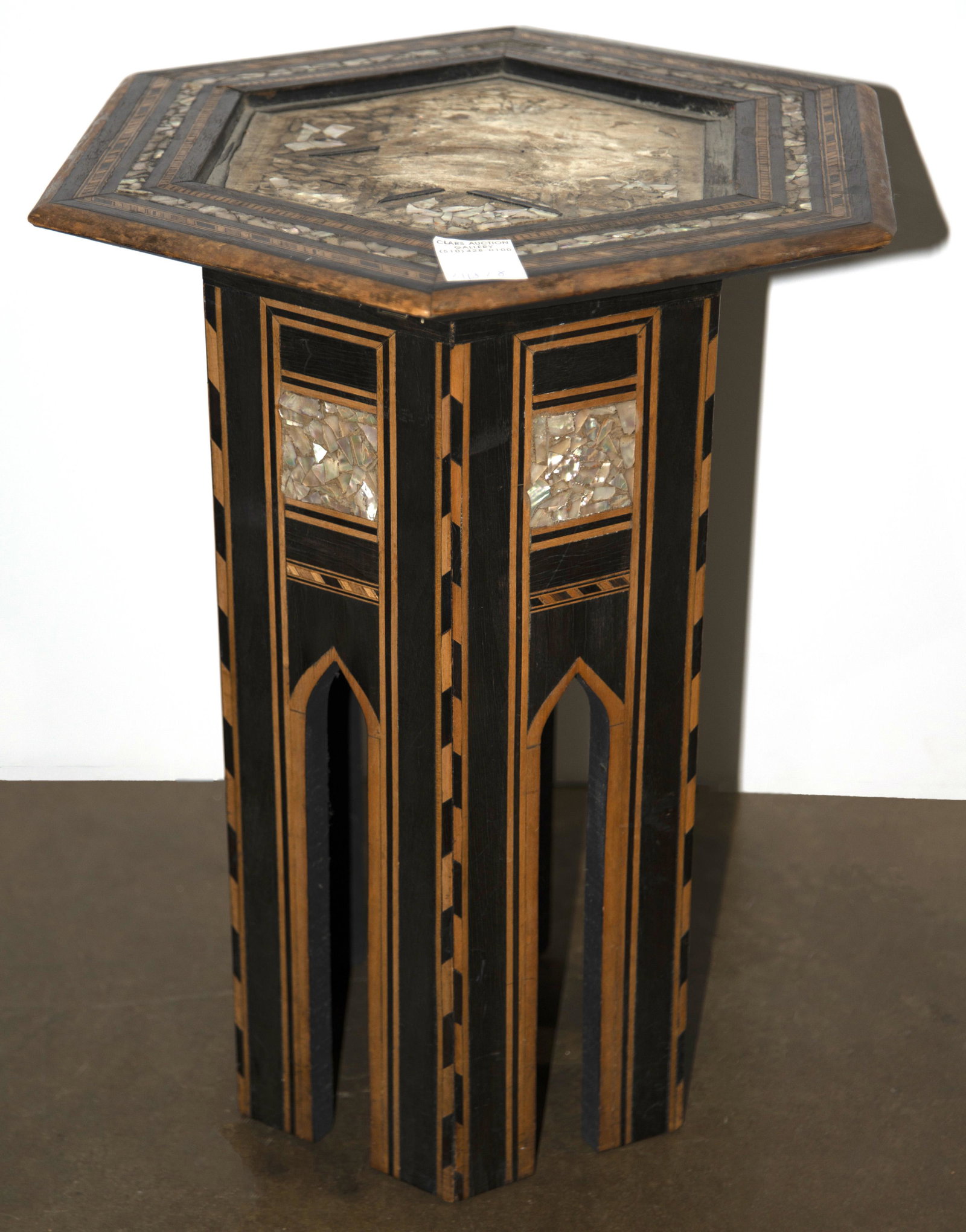 Moroccan mother of pearl inlaid tabouret table: Moroccan mother of pearl inlaid tabouret table, 19"h x 14"dia.