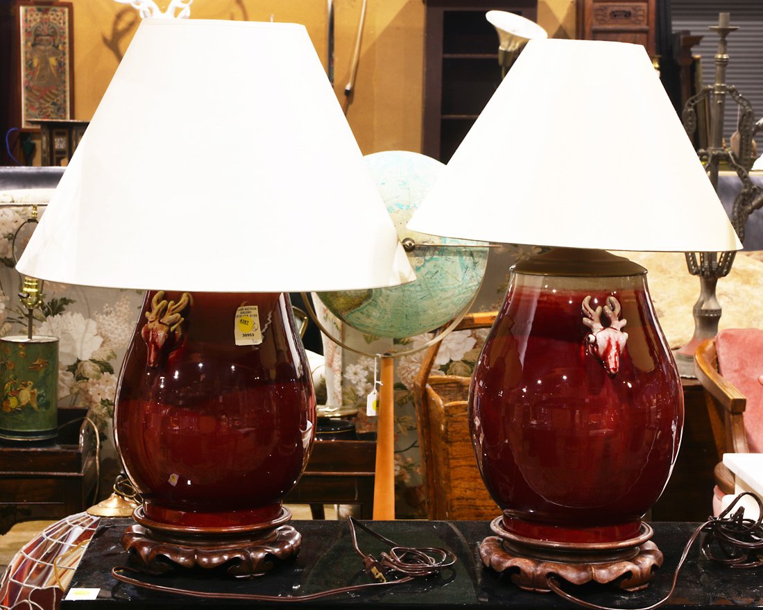 Pair Chinese oxblod glaze vases with deer mask handles (1 of 1)