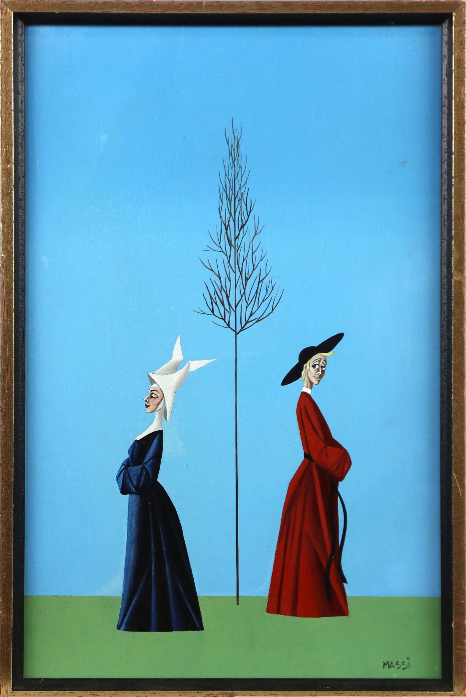 Painting, Maurizio Massi: Maurizio Massi (Italian, b. 1938), The Nun and the Priest, oil on panel, signed lower right, overall (with frame): 14.25"h x 9.5"w