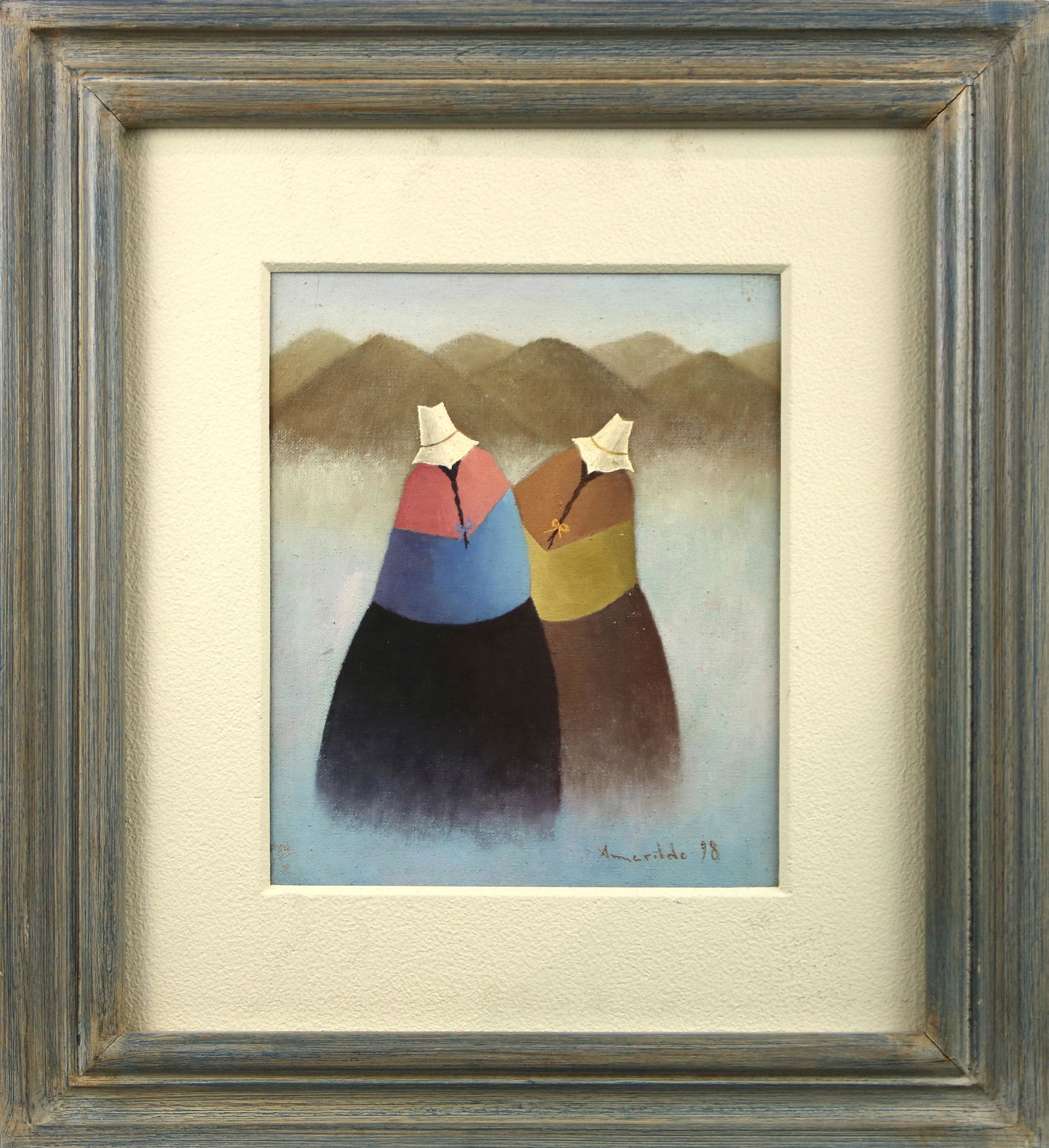 Painting, Amarildo Obeso: Amarildo Obeso (Peruvian, 20th century), "Dos Mujeres," 1998, oil on masonite, signed and dated lower right, signed, dated, and titled verso, gallery label (El Almacen del Arte, Lima, Peru) affixed ve