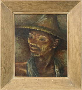 Painting, Denes De Holesch: Denes De Holesch (American/Hungarian, 1910-1983), Asian Fisherman, oil on board, signed lower left, overall (with frame): 19"h x 16.25"w