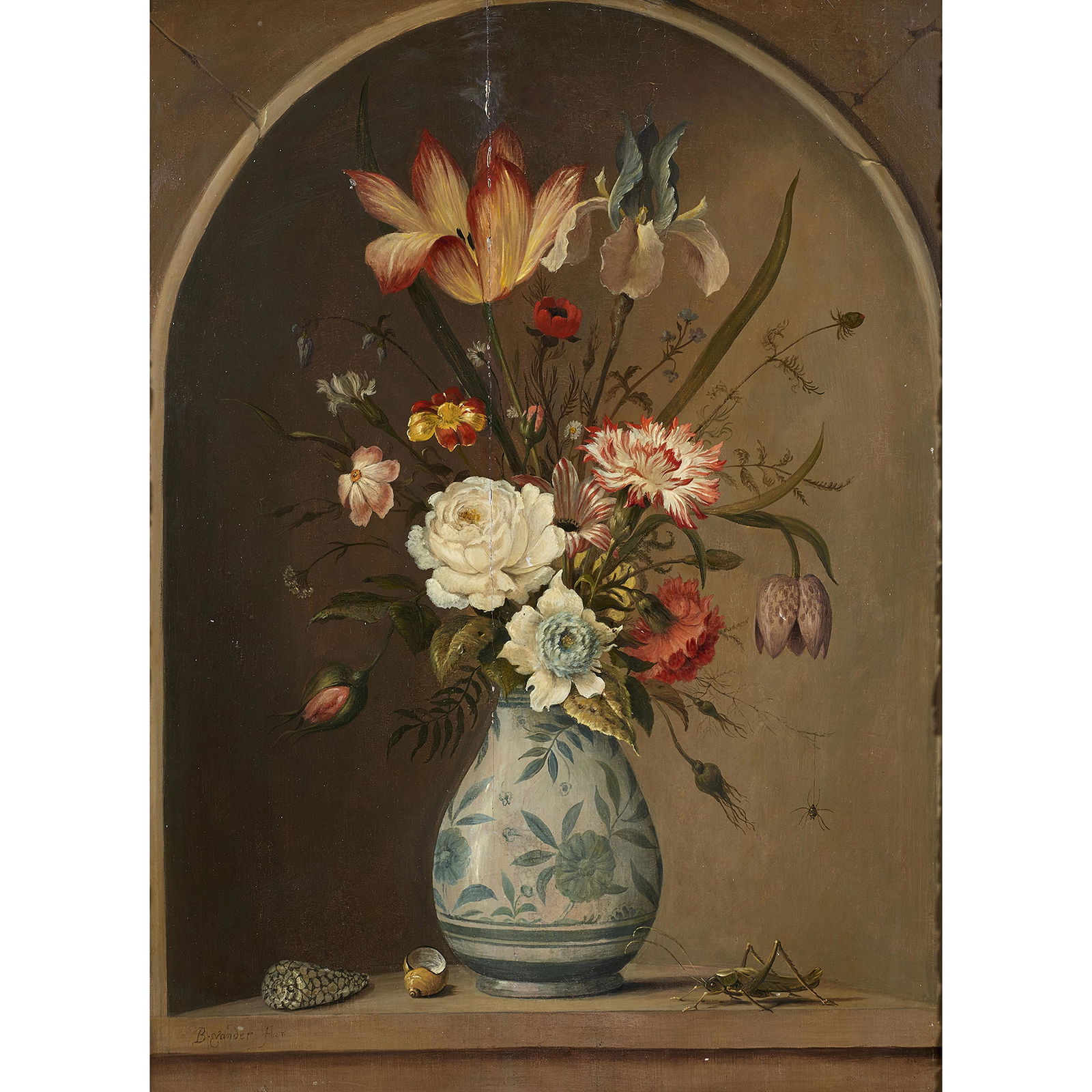 Painting, After Balthasar Van Der Ast: After Balthasar Van Der Ast (Dutch, 1593/94-1656), Still Life with Shells and Cricket, 20th century, oil on panel with cradle lattice support, bears signature lower left, sight: 24"h x 18"w, overall (