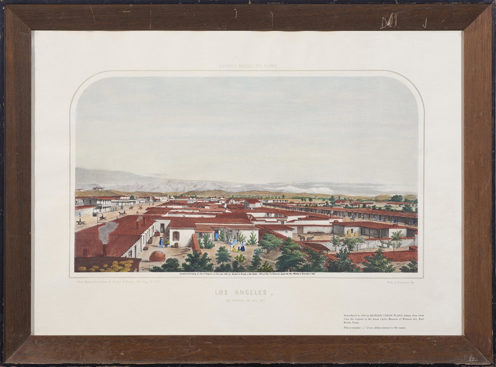 Print, Los Angeles: "Los Angeles, 1857," offset print of a lithograph with hand coloring, original published by Britton and Rey, reproduced in 1969 by Historic Urban Plans, edition 15/500, overall (with frame): 18"h x 24