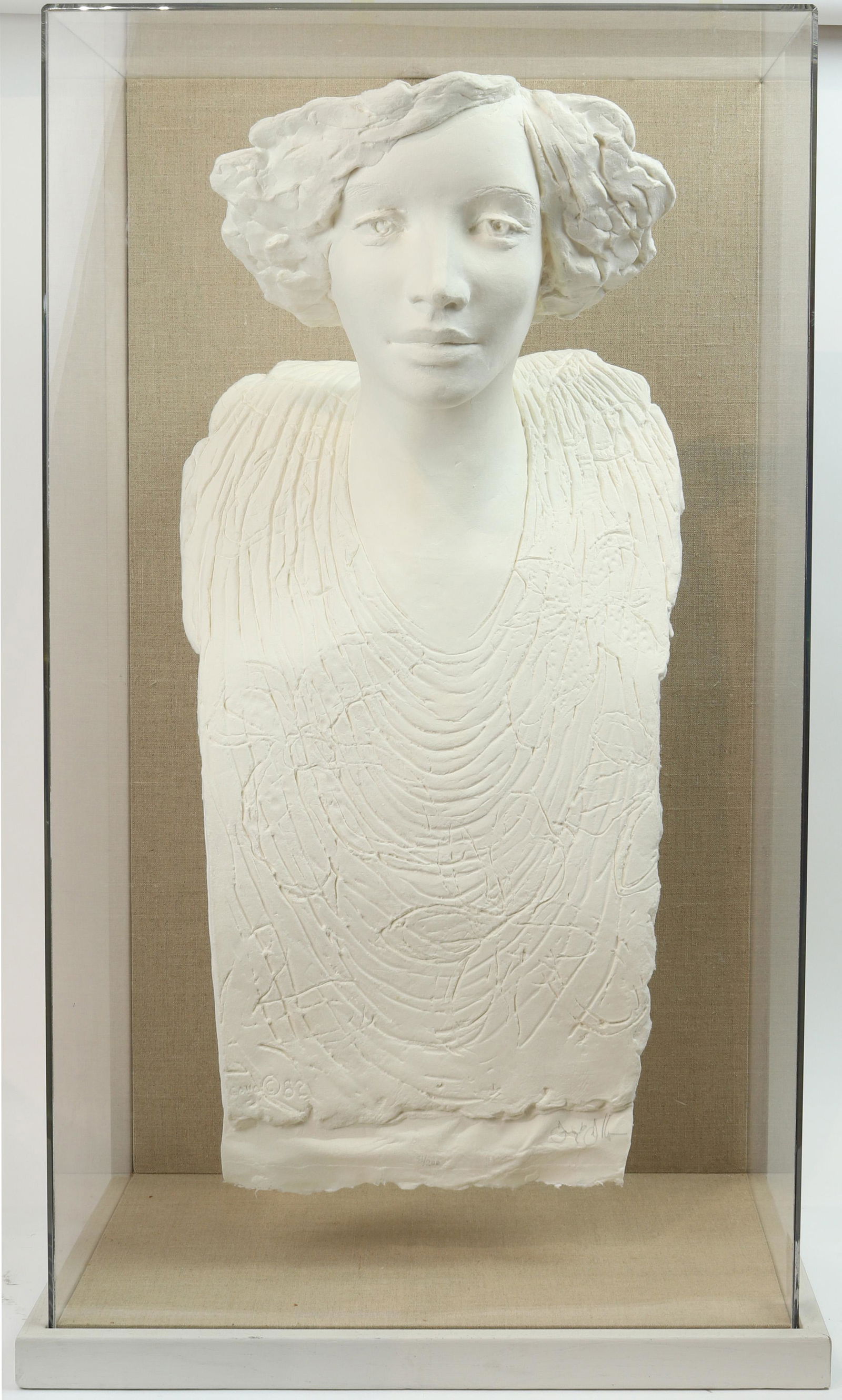 Cast Paper Relief, Frank Gallo: Frank Gallo (American, b. 1933), "Bust of a Young Woman," 1982, cast paper relief, right lower right, edition 51/200, overall (with plexi frame): 33"h x 19"w x 13.5"d