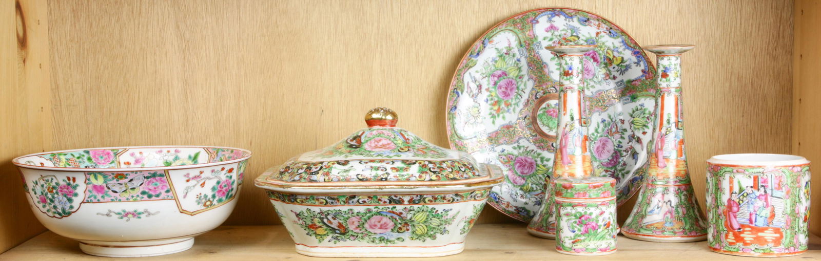 A shelf of (7) Rose Canton porcelain table articles (1 of 1)