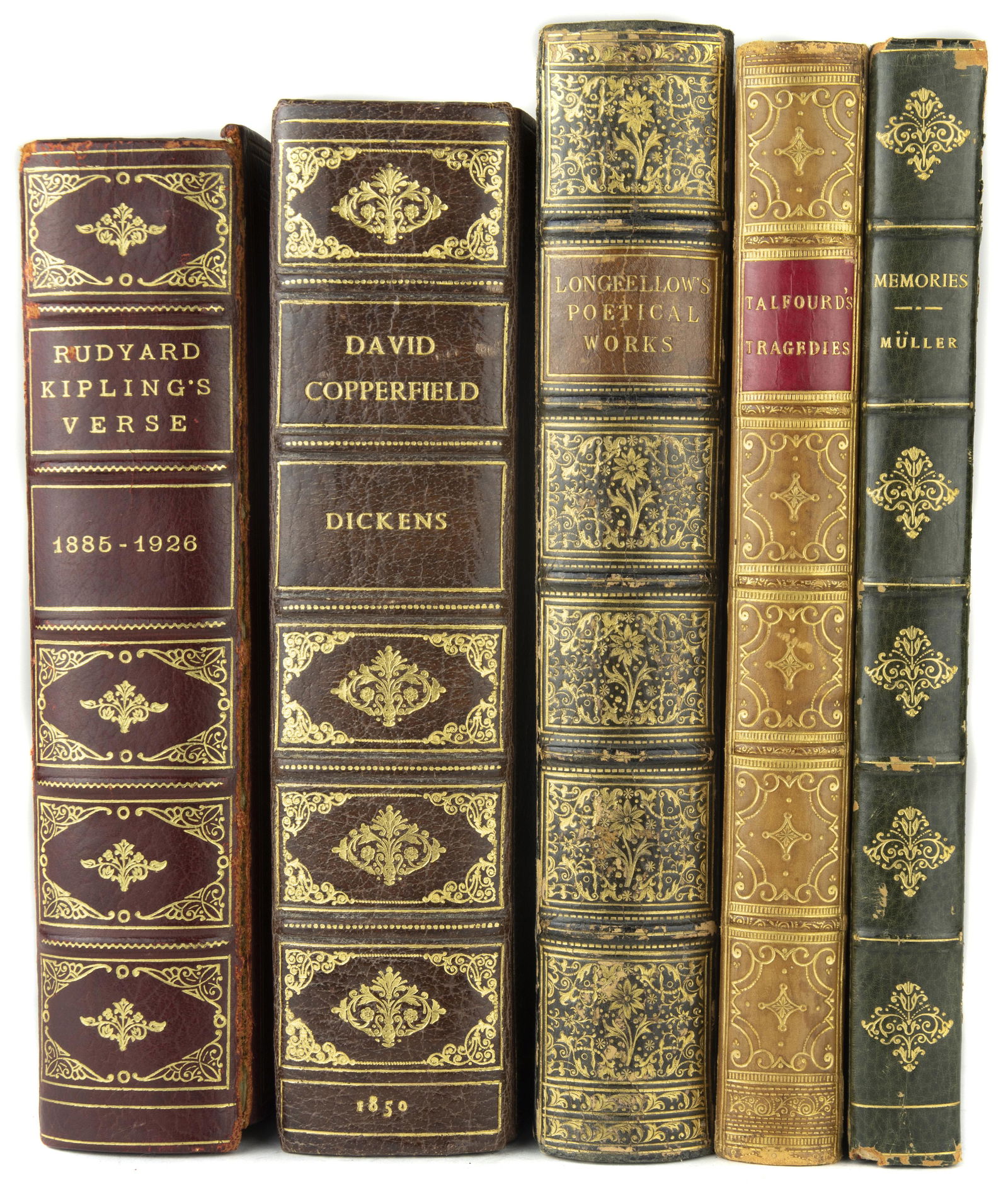 (lot of 5) Mostly 19th century texts: (lot of 5) Mostly 19th century texts: Dickens, Charles, "David Copperfield," London, Bradbury and Evans, 11 Bouverie Street 1850 with illustrations by H.K. Browne; "The Poetical Works of Henry Wadswor