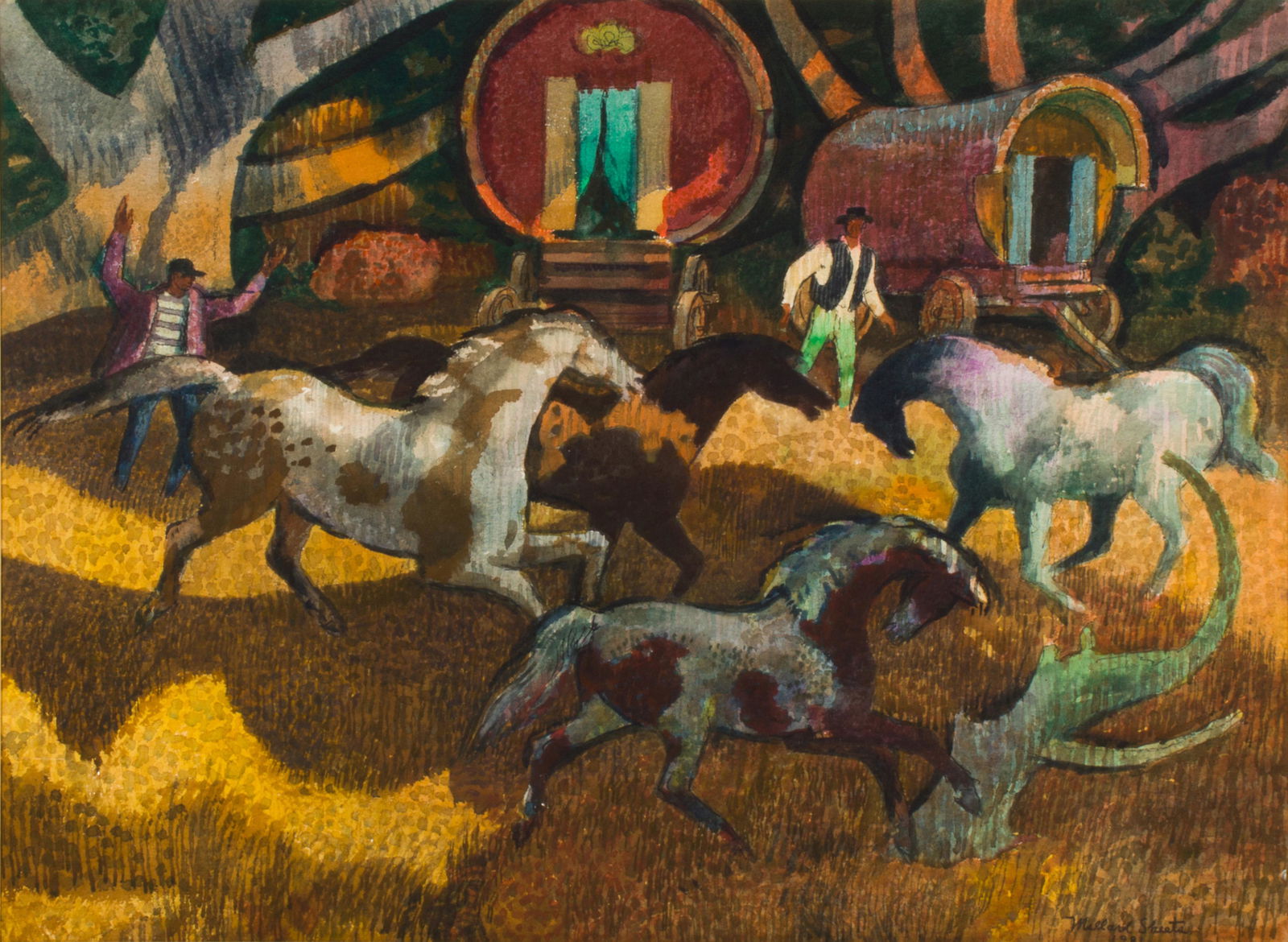 Watercolor, Millard Sheets: Millard Sheets (American, 1907-1989), "Gypsy Round Up," 1981, watercolor on paper, signed and dated lower right, titled, signed and dated verso, sight: 21.5"h x 29.25"w, overall (with frame): 28.25"h