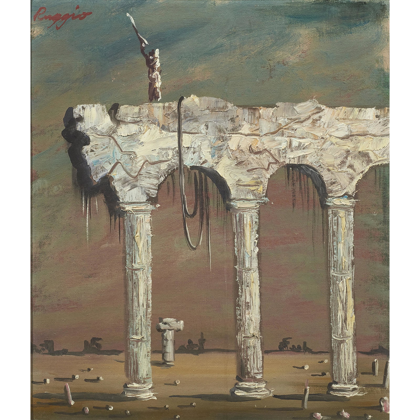 Painting, Attributed to Piero Ruggeri: Attributed Piero Ruggeri (Italian, 1930-2009), Ruined Colonnade, oil on board, signed upper left, board: 14"h x 12"w, overall (with frame): 18.5"h x 16.25"w. Provenance: Private Collection of galleris