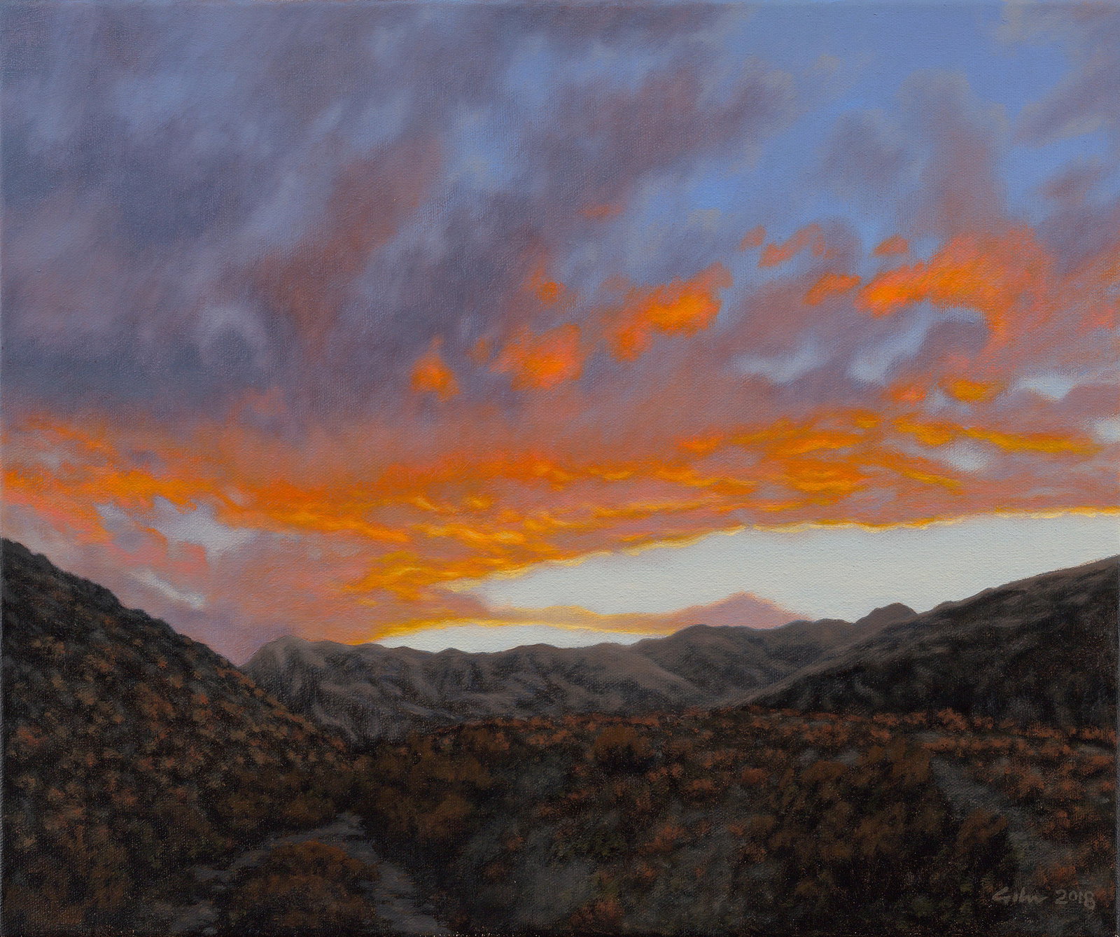 Painting, Bradley Giles: Bradley Giles (American, b. 1967), "Cathedral City Cove Sunset," 2018, oil on canvas, signed and dated lower right, signed, dated, and titled verso, canvas: 15"h x 18"w, overall (with frame): 20.5"h x
