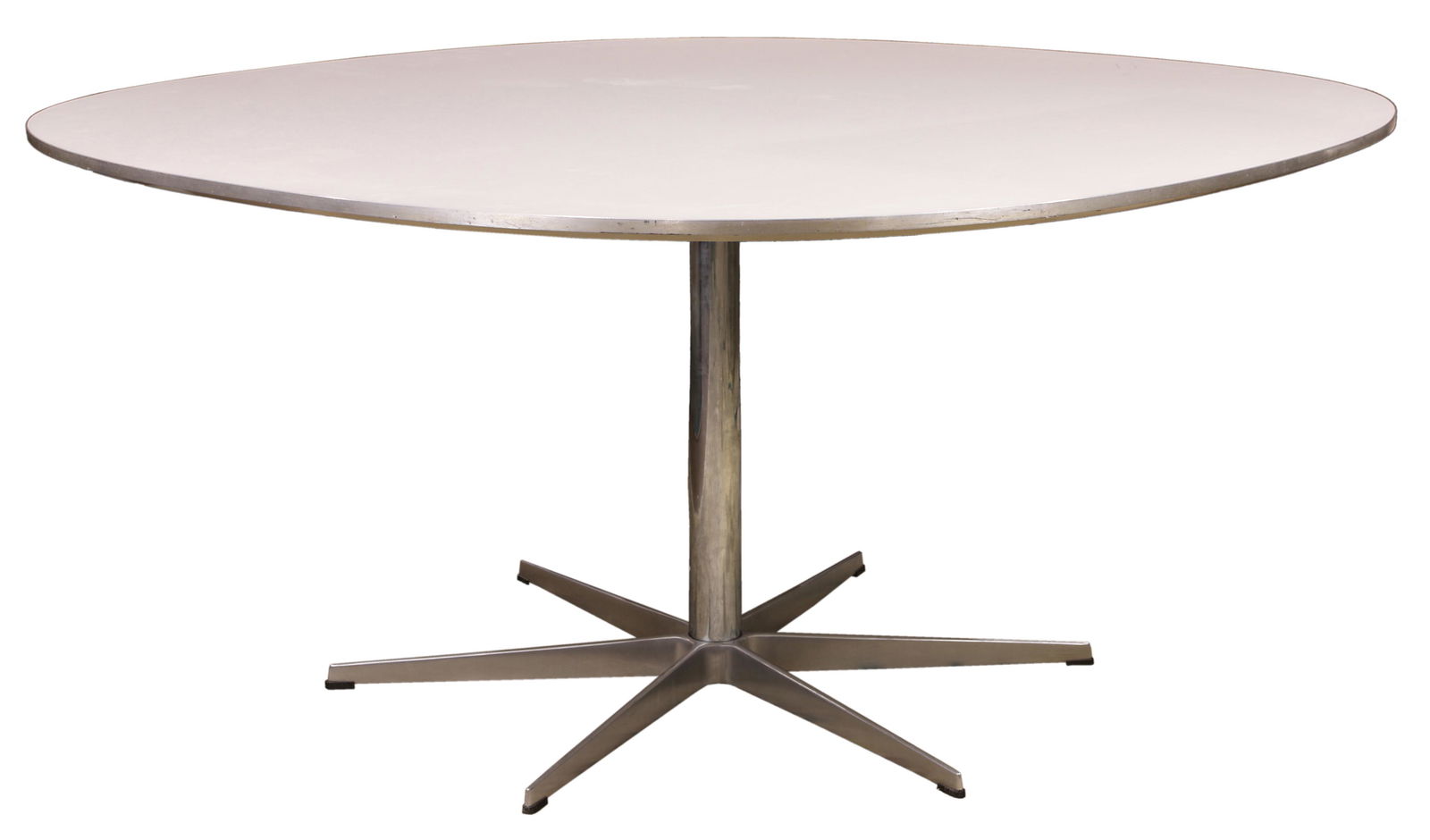 A Piet Hein and Bruno Mathsson for Fritz Hansen Super: A Piet Hein and Bruno Mathsson for Fritz Hansen Super Elliptical dining table, 2004, having a white laminate top, above a chrome base, 28"h x 56.5"dia.