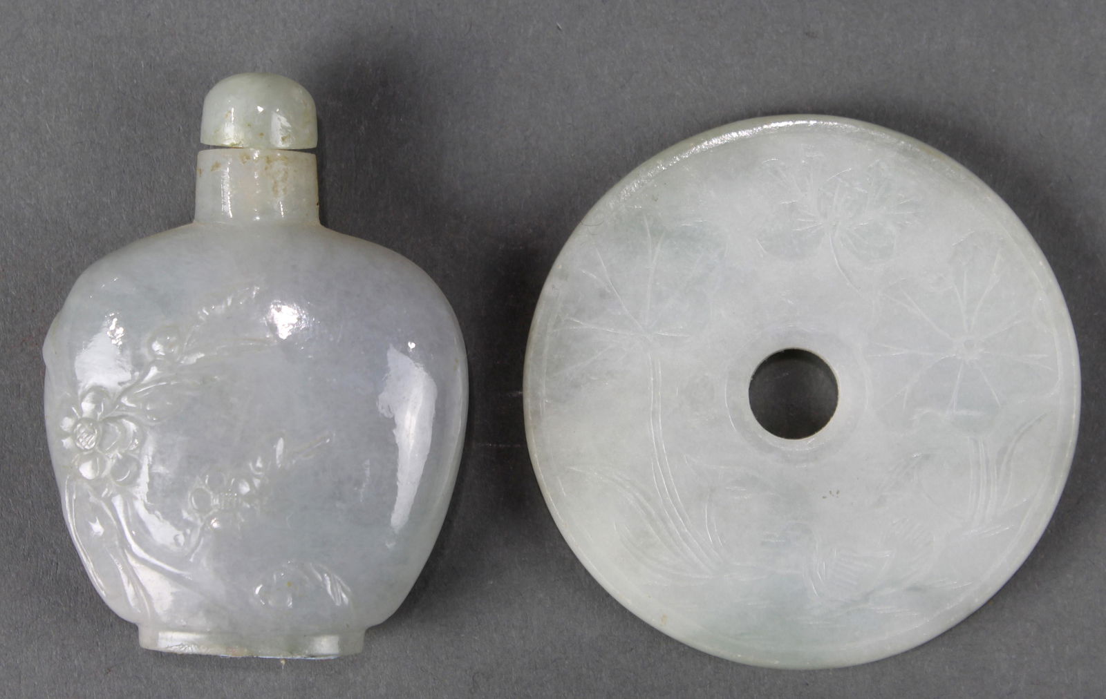 (2) Chinese jadeite snuff bottle and bi disc (1 of 2)