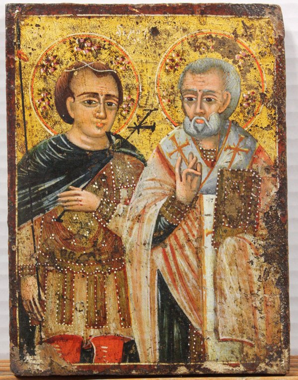 Greek icon, late 18th to early 19th century: Greek icon, late 18th to early 19th century, St Nicholas and St Stephen, verso attached with a receipt dated 1965, Athens, 8.25''h x 6.25''w