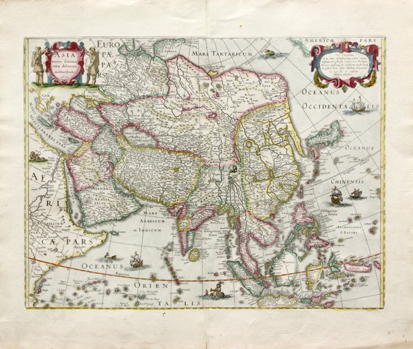 Map, Asia, Hondius: Unframed handcolored engraved map, ''Asia recens summa cura delineata,'' 1631, by Henricus Hondius (Dutch, 1597-1651), plate: 14.75''h x 19.56''w, overall: 19.25''h x 22.75''w. Note: Inscribed with pa