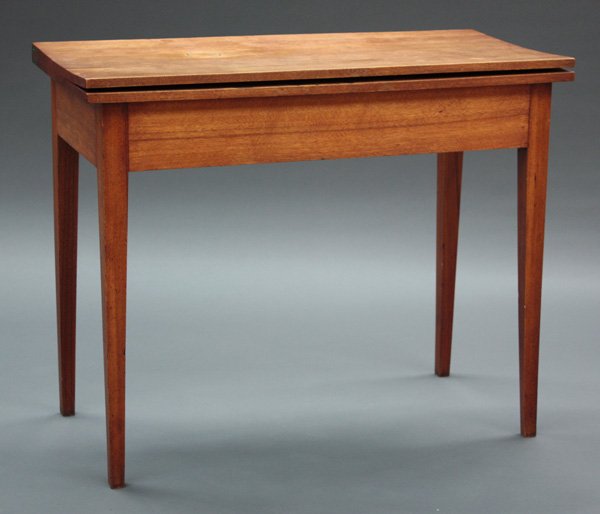 New England Country Hepplewhite birch card table: New England Country Hepplewhite birch card table, mid 19th century with flip-over top, rising on taper leg, 29''h x 36''w x 17.5''d closed, 35''d open