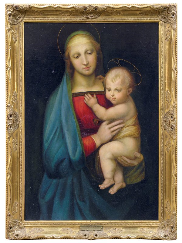 painting, M.K. Sumbardo, Madonna del Granduca: Framed oil on board, ''Madonna del Granduca,'' 1906, after Raffaello Sanzio (Raphael), by Martha K. Sumbardo (American, 1873-1961), unsigned, inscribed verso, sight: 31.25''h x 21.25''w, overall: 38''