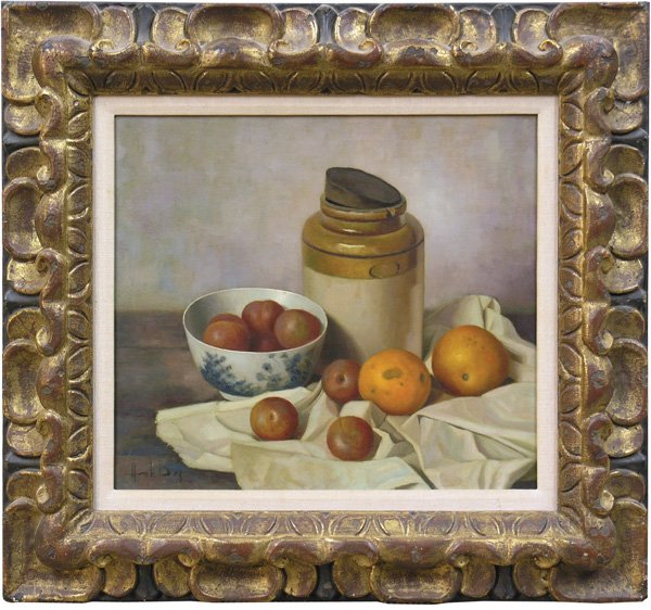 oil, Henk Bos, Still Life Apples Oranges: Framed oil on canvas, Still Life with Oranges, Apples and Jug, by Henk Bos (Dutch, 1901-1979), signed ''Henk Bos'' lower left, inscribed and stamped verso, sight: 15''h x 17''w, overall: 24''h x 26''w