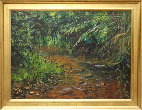 painting, David Badcock, Australian, plein air: Framed oil on canvas board, ''The Peace of it All,'' by David Badcock (Australian, b. 1960), signed ''David Badcock'' lower right, inscribed verso, sight:17.25''h x 23.5''w, overall: 21.5''h x 27.5''w