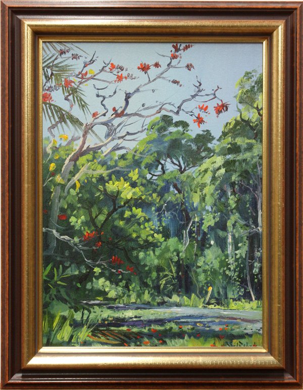 painting, David Badcock, Australian, plein air: Framed oil on canvas board, Lush Landscape, by David Badcock (Australian, b. 1960), signed ''David Badcock'' lower right, sight: 18''h x 13''w, overall: 23''h x 18''w
