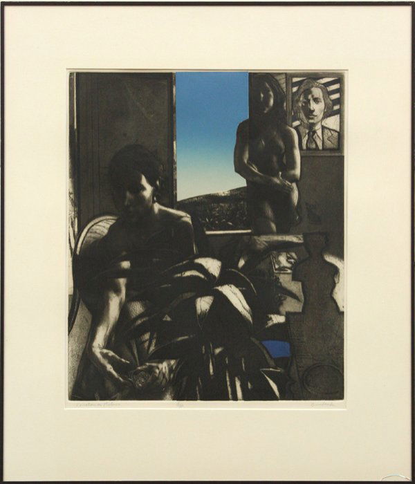 etching, David Bumbeck: Framed etching and aquatint, ''Variation on Pictures,'' by David Bumbeck (American, b. 1940), pencil signed ''Bumbeck'' lower right, numbered 18/80 lower center, titled lower left, plate: 17 3/4''h x