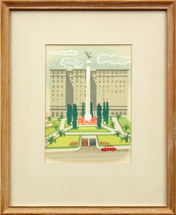 painting, Louis Macouillard, Union Square: Framed gouache on paper, ''St. Francis, Union Square,'' by Louis Macouillard (Californian, 1913-1987), signed ''Macouillard'' lower right, label affixed verso, sight: 10 1/4''h x 7 1/2''w, overall: 18