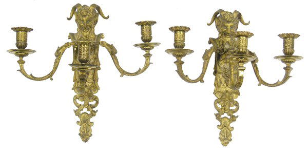 neoclassical bronze dore candle sconces: Fine pair of neoclassical bronze dore three-light candle sconces, late 19th century surmounted with satyr masks over grapes and vines, 14.5''h x 14.5''w