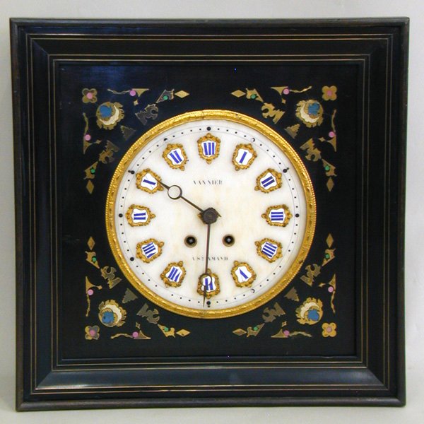Napoleon III chiming clock: Napoleon III chiming clock, circa 1870, with ebonized wood case having brass and mother of pearl inlay, 19''h x 19''w x 5.5''d
