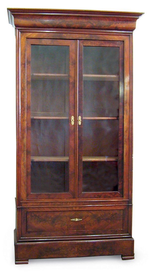 Louis Philippe burl mahogany bookcase: Louis Philippe burl mahogany bookcase, circa 1860, with a molded cornice on double glazed doors showing an adjustable shelved interior over a single drawer resting on a conformed base, 84''h x x 41''w