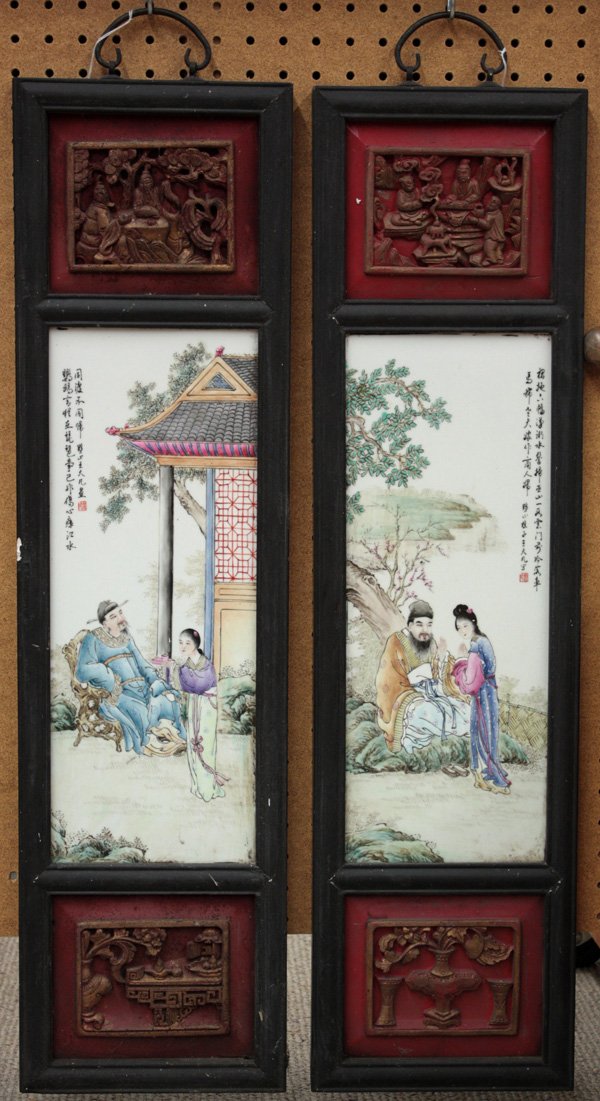Pair of Chinese Painted Porcelain Plaques: (lot of 2) Framed Chinese enamel decorated porcelain plaques, attributed to Wang Dafan (1888-1916), each featuring a gentleman seated in a garden terrace accomapnied by a maiden, the top inscribed wit