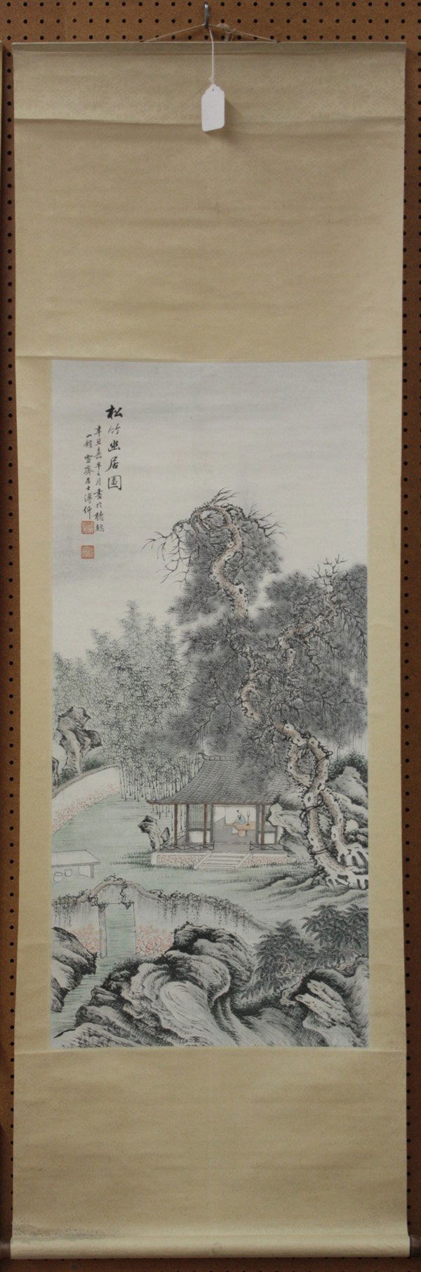 Chinese Scroll, after Wang Meifang, Beauty: Chinese hanging scroll painting, Living Amid Pines and Bamboo 'song zhu you ju tu', after Pu Jin (1893-1966), ink and color on paper, upper left with title, bears signature 'Pu Jin' preceded by date '