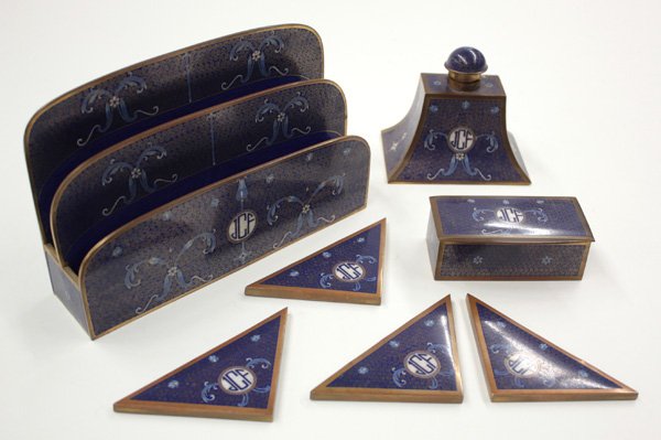 Blue cloisonne desk set: (lot of 7) Blue cloisonne desk set, monogrammed JCF, including an inkwell, stamp box, letter holder, and 4 blotter corners