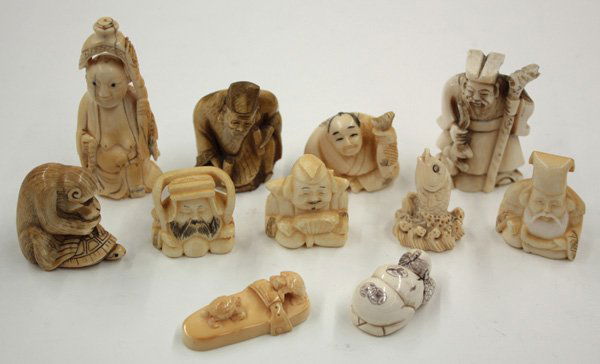 Group of Japanese Ivory Netsuke/Figurines: (lot of 11) Japanese ivory netsuke and figurines, 20th century, including: Hotei, Jurojin (3), Ebisu, Bishamonten, fisherman, sleeper, monkey, fish, turtles on a wooden sandal, tallest 2.75''