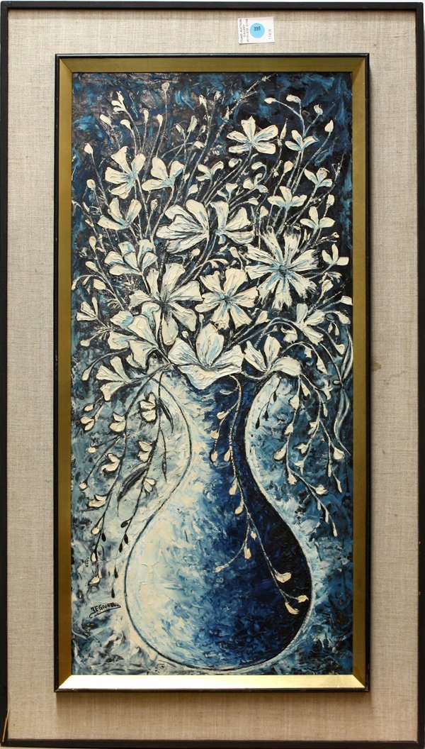 Painting Jacques Enguerrand Gourgue Haitian: Framed oil on board, Vase with Flowers, by Jacques Enguerrand Gourgue (Haitian, 1930-1996), signed ''J.E. Gourgue'' lower left, overall: 36.75''h x 20.75''w