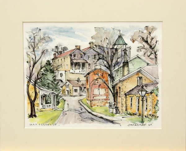 watercolors, Max Fernekes, Town and Farm Scenes: (lot of 2) Unframed watercolors by Max Fernekes: Town Scene and Farm Scene, each signed and inscribed, largest overall:14 1/2''h x 17 1/2''w