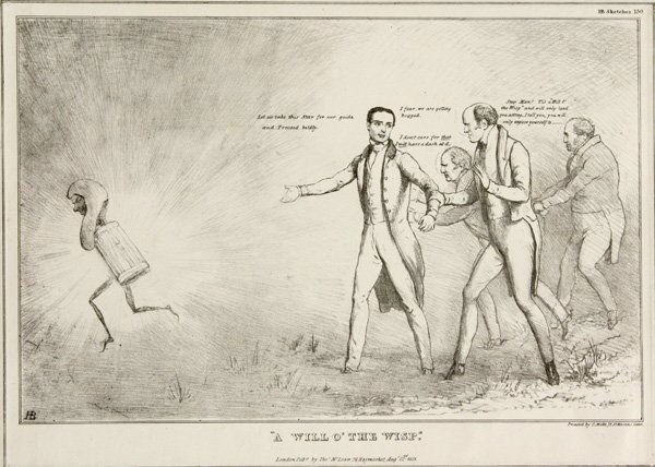 caricatures, James Gillray: (lot of 5) Unframed etchings and lithographs: ''Midas, Transmuting all into Paper,'' and ''Pylades and Orestes,'' by James Gillray (British, 1757-1815); ''Narcissus; or, the Man who was Mashed on Hims