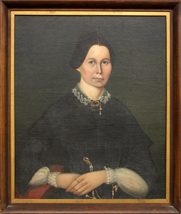 painting, Folk art, Portrait, American 18th c: Framed oil on canvas, Folk Art Portrait of a Woman, unsigned, American, 18th or 19th Century, stamped ''JJ Adams 99 Washington St. Boston'' verso, sight: 29 x 23.75, overall: 32.5''h x 28''w