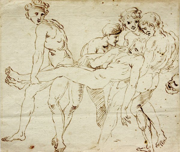 drawing, manner of Raphael Urbinas Sanzio: Unframed drawing on watermarked laid paper, ''La Morte di Adone,'' in the manner of Raphael Urbinas Sanzio (Italian, 1483-1520), unsigned, sheet: 9 3/4''h x 11 1/8''w