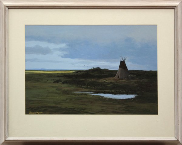 Robert Kent, painting, California: Framed tempera on board, ''Crow Campsite,'' by Robert Kent (Californian, 1933-1988), signed ''Robert Kent'' lower left, sight: 15''h x 22''w, overall: 24.5''h x 30.75''w