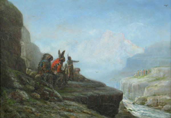 Painting, A.D.M. Cooper, Native Americans: Framed oil on canvas, Native Americans Looking Across a Canyon, 1916, by Astley David Middleton Cooper (Californian, 1856-1924), signed and dated ''A.D.M. Cooper 1916'' lower left, sight: 26.75''h x 3